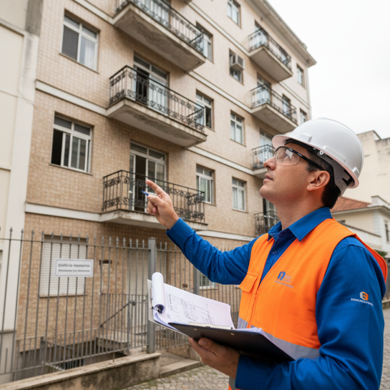 Engenheiro civil realizando inspeção predial técnica em edifício residencial em Ponta Grossa, seguindo a norma NBR 16747.