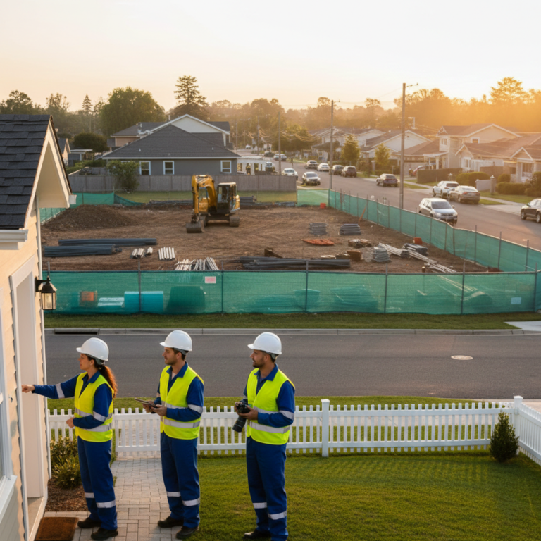 Engenheiro civil realizando Vistoria Cautelar de Vizinhança (NBR 12722) em residência ao lado de canteiro de obras em Ponta Grossa.