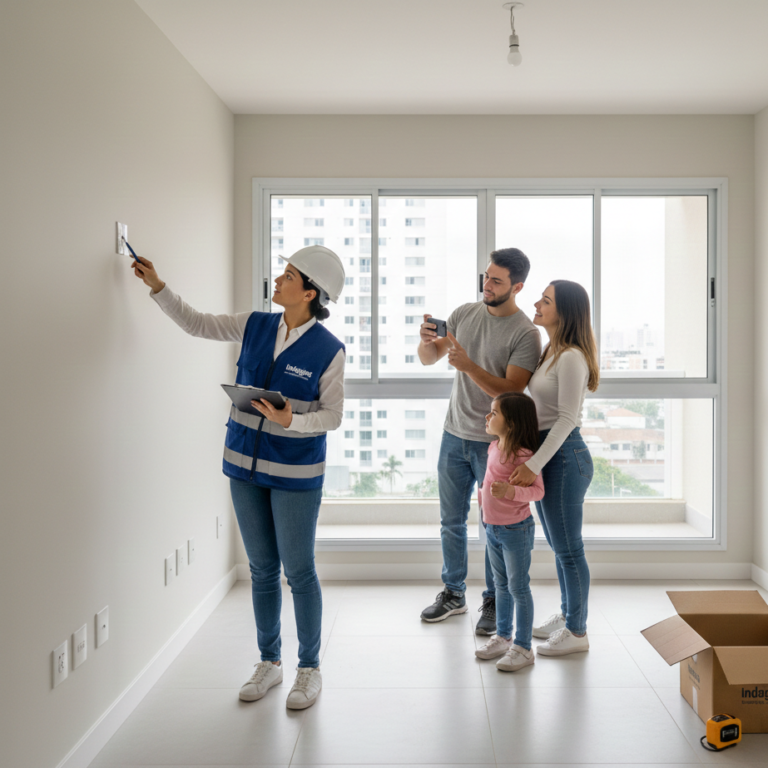 Engenheira civil da Indagine realizando vistoria de recebimento de apartamento novo para família em Ponta Grossa.