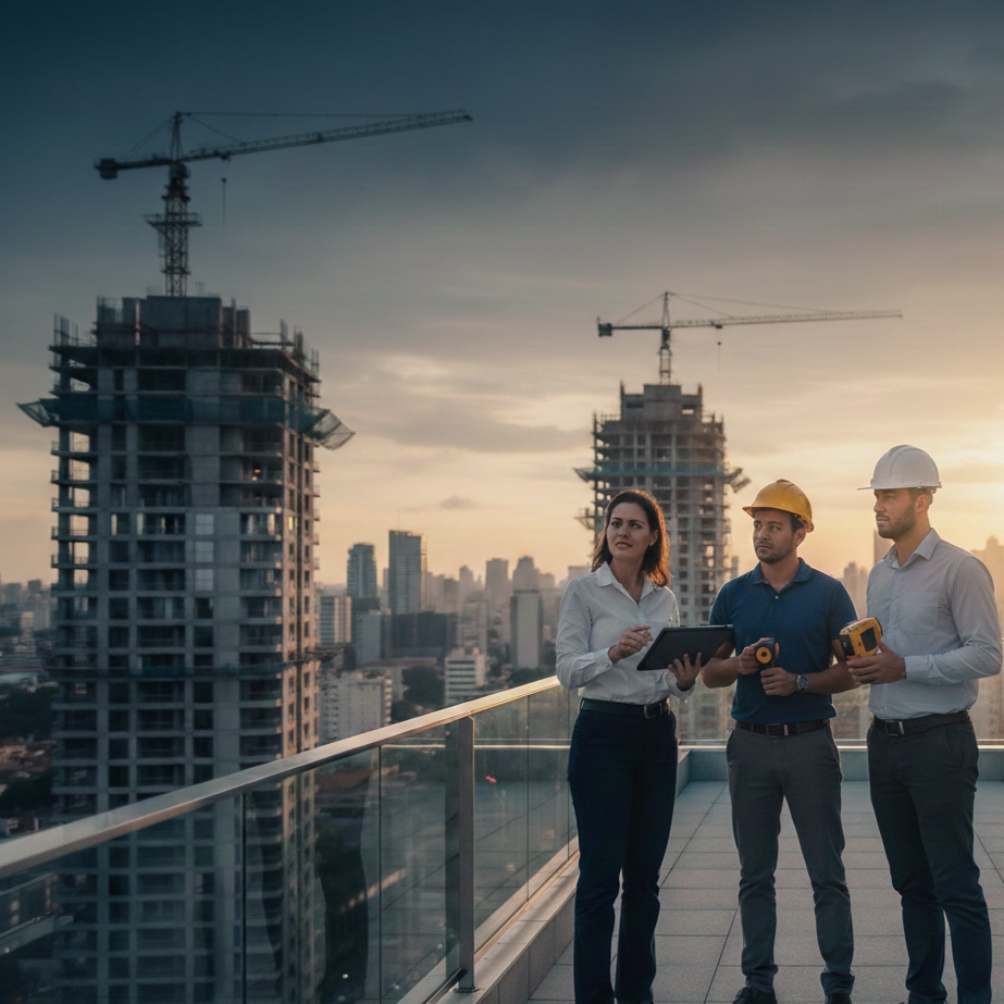 Engenheiros da Indagine Engenharia realizando inspeção predial técnica em edifício com equipamentos de diagnóstico, focando em segurança e desempenho das construções.