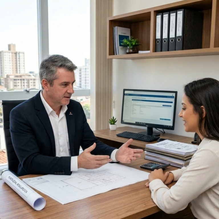 Engenheiro civil em reunião de consultoria com cliente para regularização de imóvel urbano, analisando planta baixa e documentos sobre a mesa.