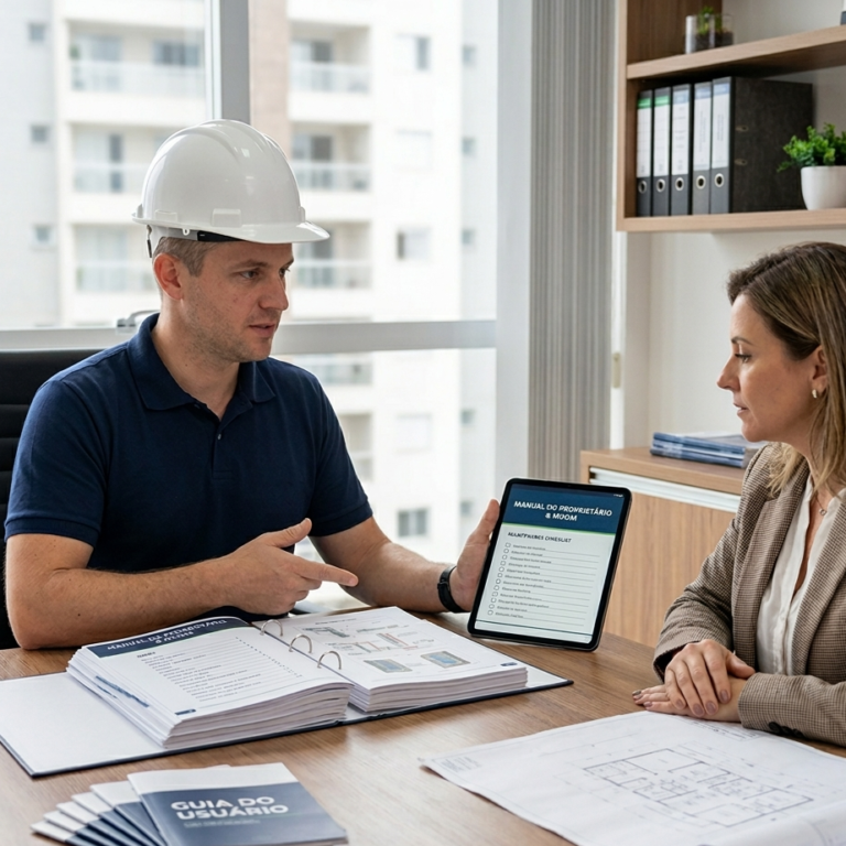 Engenheiro civil da Indagine Engenharia analisando e organizando manuais técnicos de manutenção predial e MUOM em um tablet e pastas sobre uma mesa de escritório.