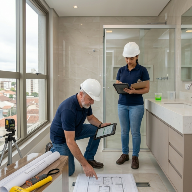 Dois engenheiros da Indagine Engenharia com capacete branco realizando vistoria técnica em banheiro residencial acabado; engenheiro ajoelhado aponta para planta baixa no chão enquanto engenheira em pé anota em prancheta e tablet.