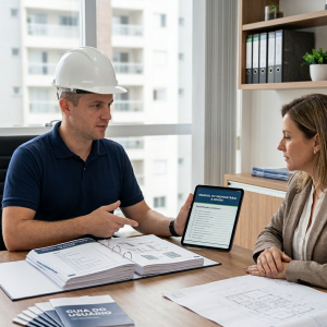 Engenheiro civil da Indagine Engenharia analisando e organizando manuais técnicos de manutenção predial e MUOM em um tablet e pastas sobre uma mesa de escritório.