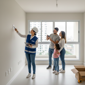 Engenheira civil da Indagine realizando vistoria de recebimento de apartamento novo para família em Ponta Grossa.